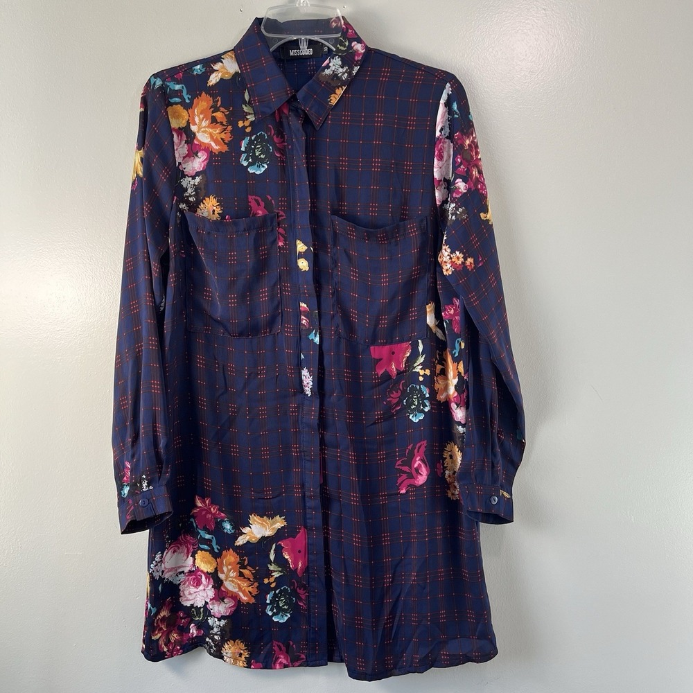 Missguided Navy Floral long sleeve dress w plaid and floral patterns, size US 6